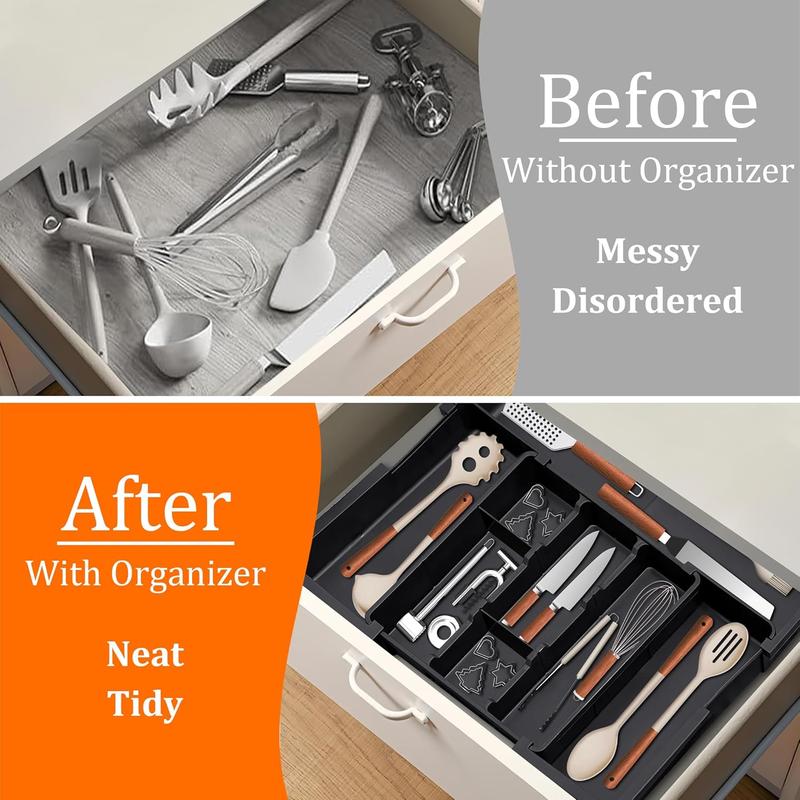 Large Cutlery Drawer Organizer Expandable Cutlery Storage Box Suitable for Kitchen Drawers Adjustable Cooking Utensil Rack Cutlery Knife Fork Spoon Tray Spatula Tool Small Tool Storage Divider Plastic Material Black