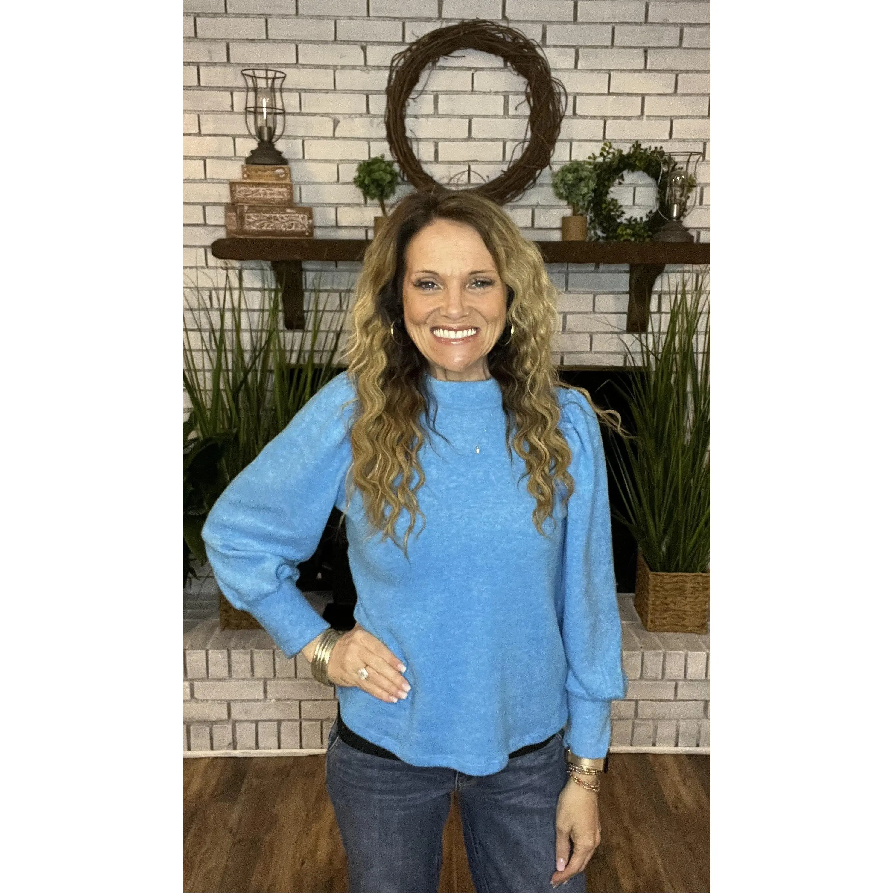 DEEP SKY BLUE BRUSHED MELANGE HACCI PUFF SLEEVE MOCKNECK SWEATER