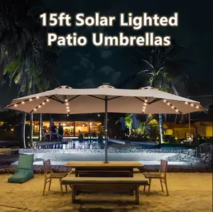 Weaxty 15Ft Large Patio Umbrella with Solar Lights, Waterproof Canopies, Parasols, Sunshade for Backyard Deck Swimming Pool Shade Huge Double-Sided Patio Umbrella Umbrella Outdoor Push Button Tilt Patio Umbrella