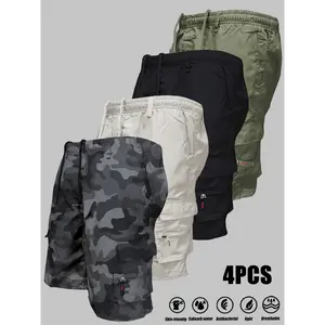 4pcs Men's Loose Fit Elastic Waist Cargo Shorts - Mixed Colors, Side Pockets, Comfortable for Summer Outdoor Leisure and Work Activities Casual Menswear Polyester Fabric Motocross Camo