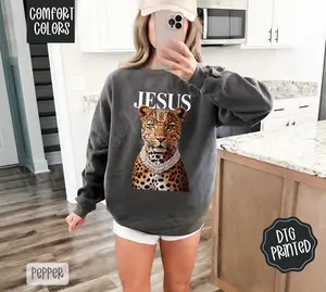Leopard Jesus Comfort Colors Sweatshirt, Trendy Women's Religious Crewneck