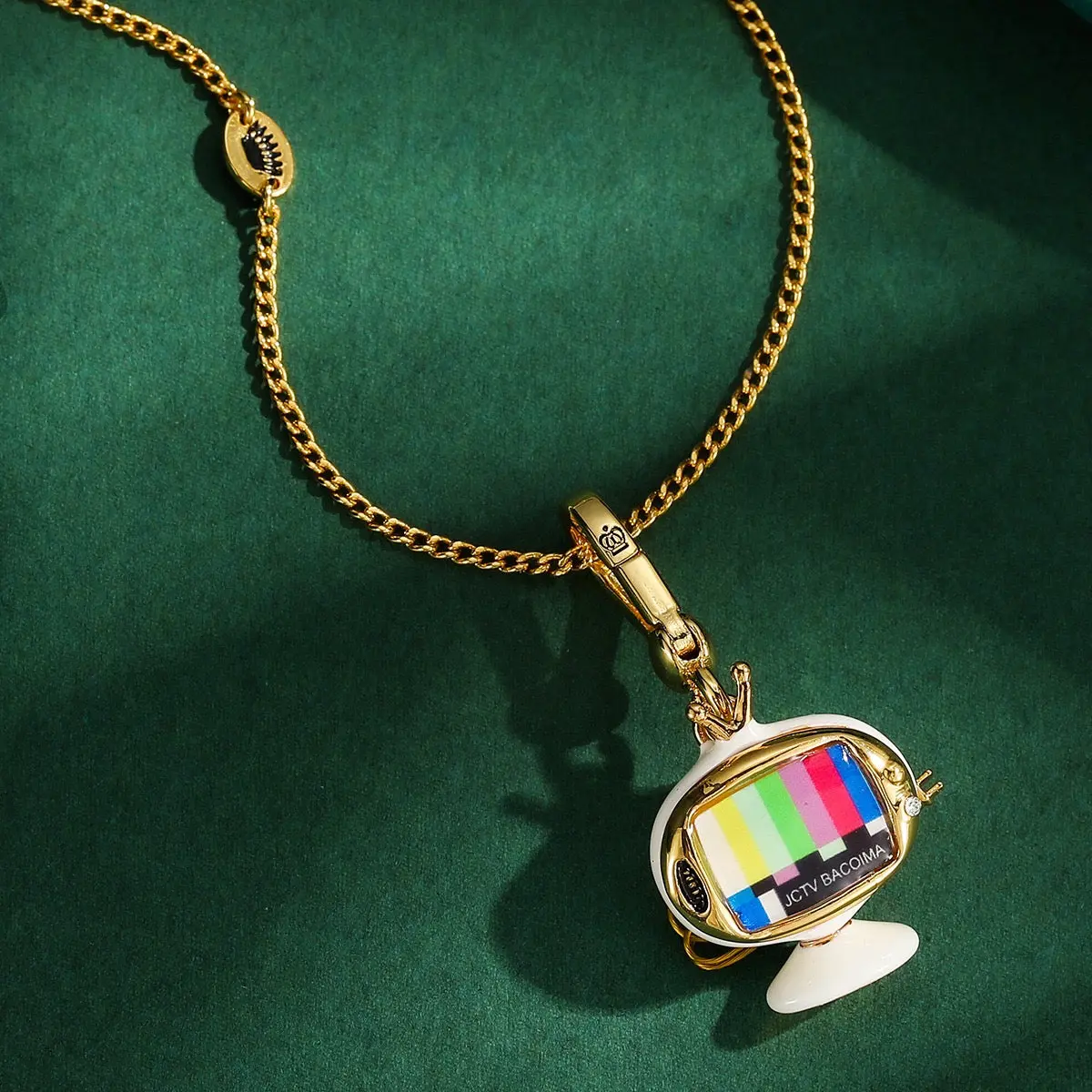 Retro Television Charm Necklace - Vintage TV Pendant, Color Bar Screen Charm, Nostalgic Gold Statement Costume Jewelry