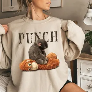 Monkey Punch Meme T-shirt – Baby Monkey with Plush Toy Sweatshirt – Cute Cozy Animal Lover Hoodie
