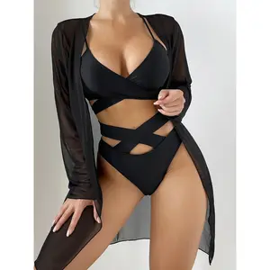 Women's 3-Piece V-Neck Nylon Bikini Set - Crisscross Strap, High-Cut, Long-Sleeve Cover-Up Shirt, Swimsuit for Women, Sports & Outdoor Swimwear