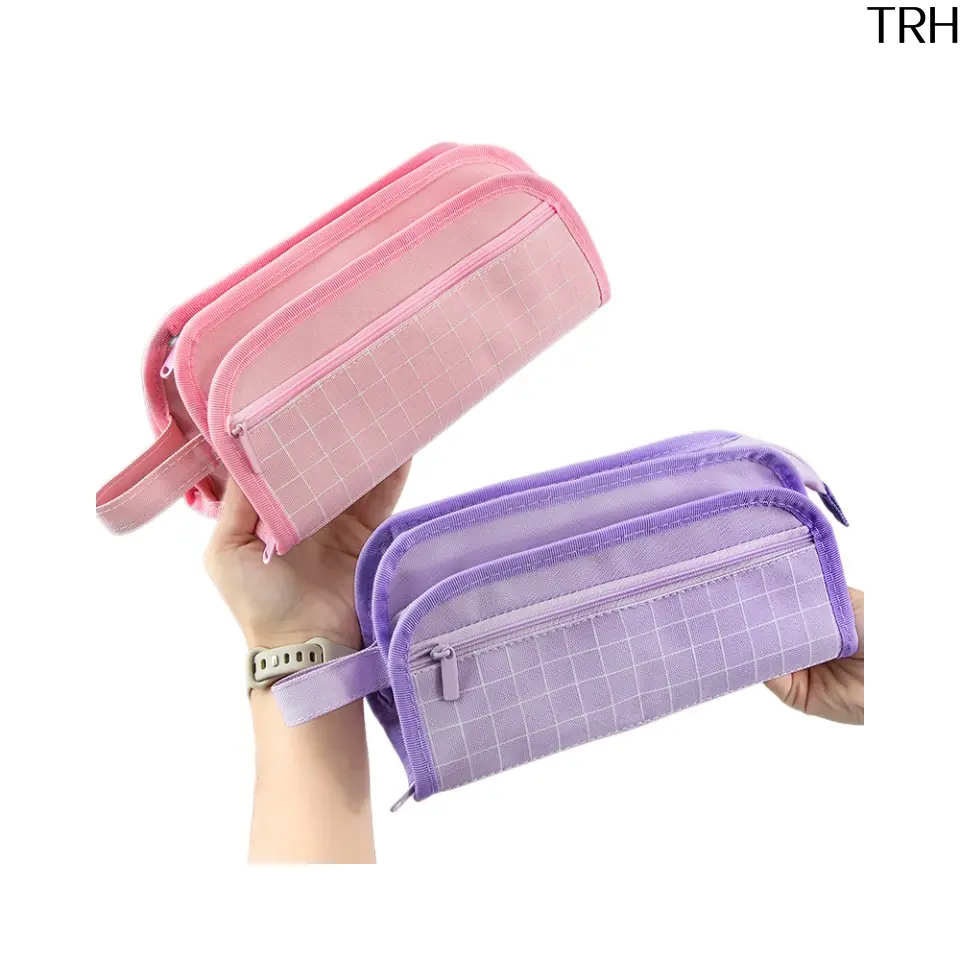 Pastel Grid Pencil Case for Teens, Aesthetic Large Capacity Pen Pouch, Multi-Compartment Double Zipper Desk Organizer for Back to School, Large Capacity Bag