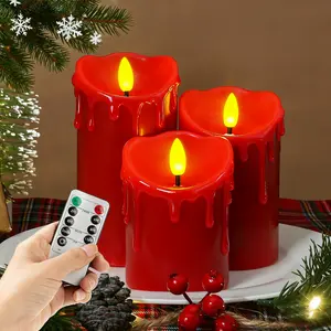 Flameless Candles with Remote Battery Operated Christmas Candles with Timer Real Wax LED Flickering Fake Electric Candles for Christmas Party Home Decor Set of 3 Red