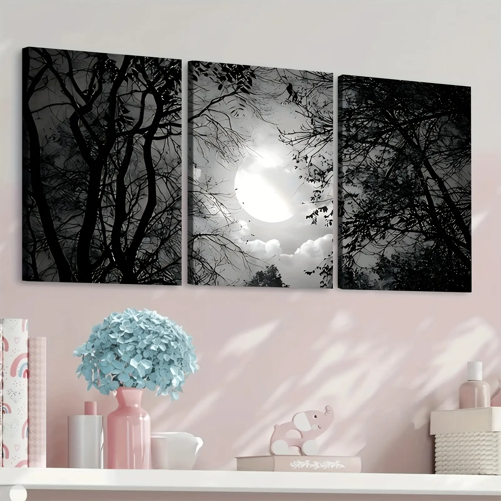 2D flat painting, 3-piece framed canvas wall decoration set - black and white full moon forest pattern, gothic style, suitable for gothic room decoration, wooden frame wrapped around the painting, suitable for living room, bedroom, home office decoration,