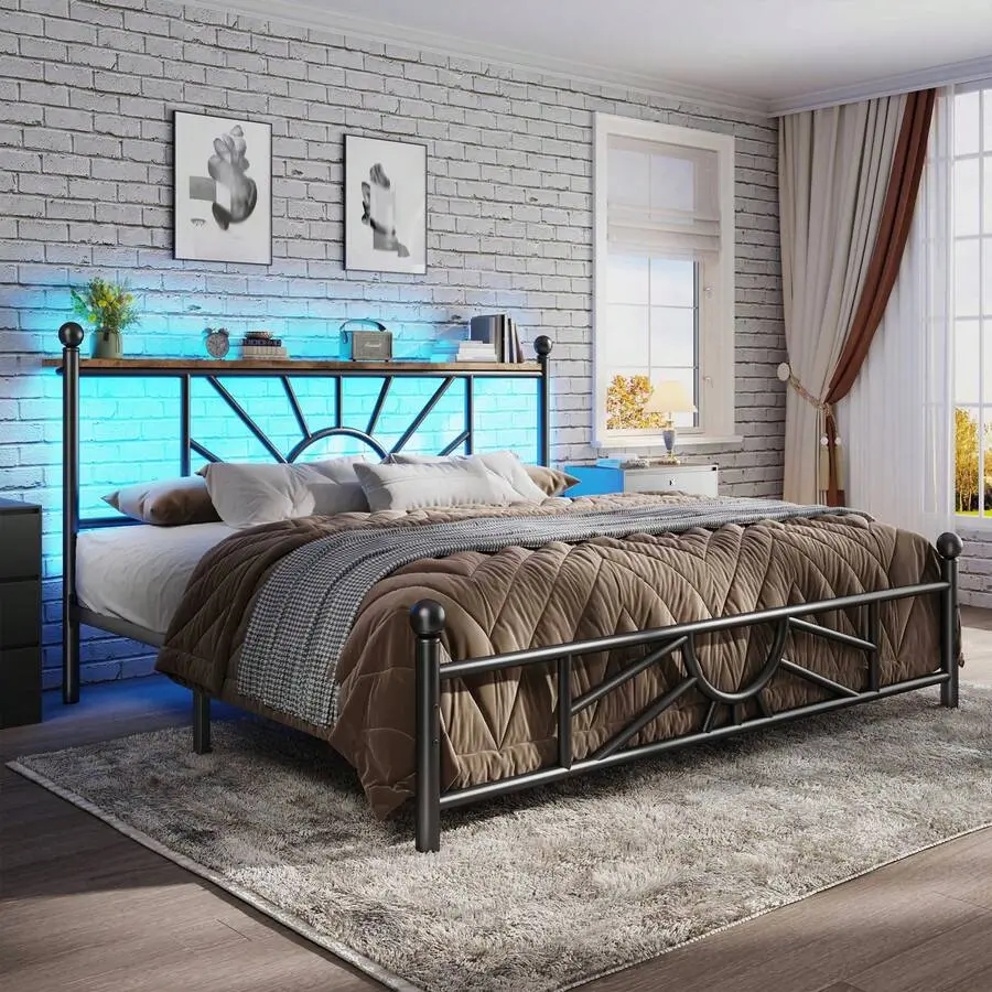 Queen Size Metal Platform Bed Frame with Canopy, LED Light, Headboard, Footboard, Underbed Storage, Floor Guardrail, 1300 lbs Weight Capacity, Anti-Noise, Easy Assembly, Black - Ideal for Modern Bedroom, Assembly Required
