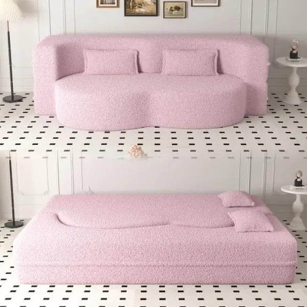 Bellemave Modern Teddy Fabric Sponge-Filled Floor Couch for Living Room, Convertible Sleeper Sofa Bed with 2 Pillows, 15" Full-Size Folding Mattress, No Assembly Required (Guest Bed/Playroom Use), Couches For Living Room