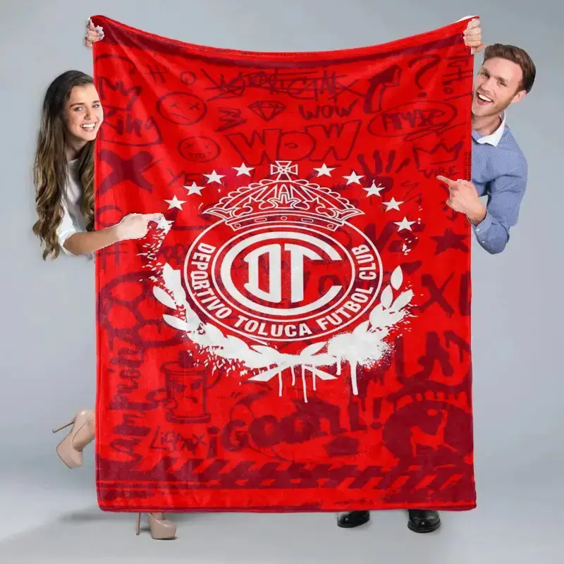 Toluca-Themed Red Flannel Blanket - Bed Warmer, Colored Synthetic, Decorative Text Blanket with Heat Transfer Logo, Modern Graffiti Design, Soft Comfortable, Multi-Size, All-Season Bedding, Ideal for Office Use, Family Gift, Bed Warmer Blankets, Colored S