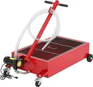 Oil Drain Pan, 20 Gallon Low Profile ， with 180W Electric Pump,  with 8.2 Ft Hose & T Folding Handle, Rolling Oil Drain Cart for Truck, RVs, Buses，Red Auto Repair Trolley Heavy Duty Wagon Steel Garden Cart Collapsible Garden Cart