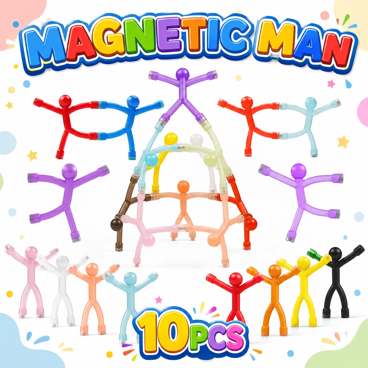 EFFUN 10PCS Unisex Magnetic Stick Figure Fidget Toys - BPA-Free Silicone, Bendable Arms, Stress Relief Squishies, Odorless & Safe Sensory Play Supplies, Classroom Prizes, Travel Toys for Kids, Squishy Sensory Play