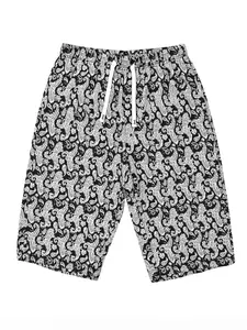 Men’s casual breathable shorts featuring towel embroidery patches, glossy satin woven fabric, a drapey over-the-knee length, a loose fit, and a ribbed waistband; street-style retro basketball shorts for summer, sizes S–XXL.