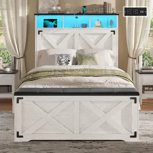 Farmhouse Bed Frame  with Storage Headboard, Charging Station and LED Light, Wooden  Bed Frame with Storage Ottoman, Barn Door Design, No Noise