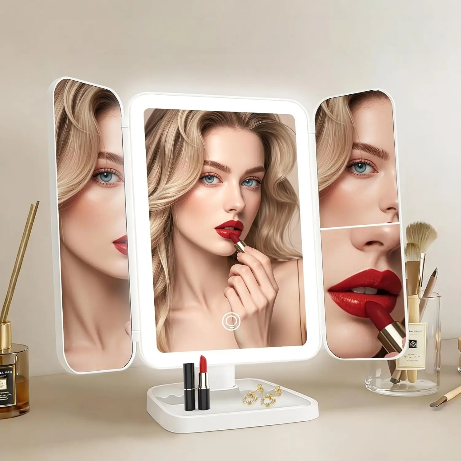 Rechargeable Trifold Lighted Makeup Mirror with 1X/2X/3X Magnification, 3 Color Eye-Caring LED Lights & Touch Sensor - Foldable Vanity Mirror for Travel, Desk, Bedroom, Gifts for Women