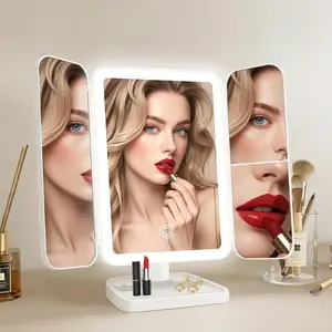 Rechargeable Trifold Lighted Makeup Mirror with 1X/2X/3X Magnification, 3 Color Eye-Caring LED Lights & Touch Sensor - Foldable Vanity Mirror for Travel, Desk, Bedroom, Gifts for Women