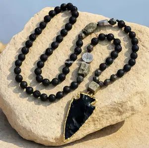 Healing Lava Obsidian Mala Men Necklace Knotted Bead Pendant Meditation Jewelry
