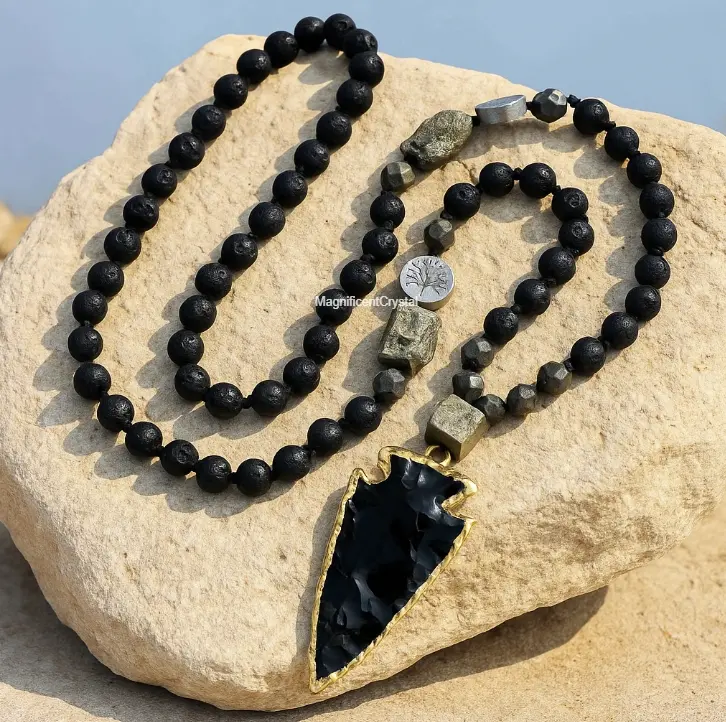 Men's Handmade Craft Healing Lava Obsidian Mala Necklace, Knotted Natural Stone Bead Pendant Jewelry for Grounding, Clearing, Transformation Meditation