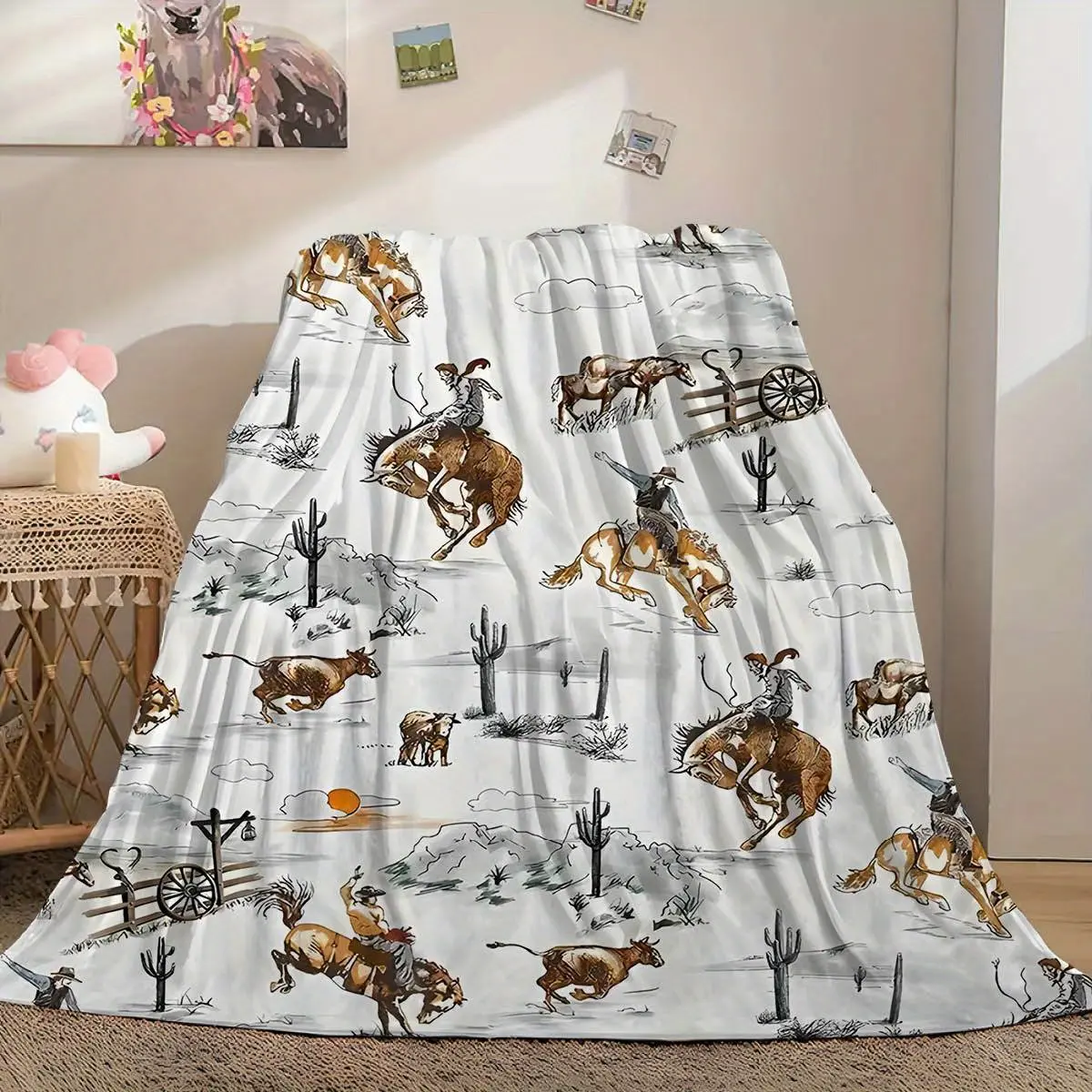 Retro Western Cowboy Print Flannel Blanket - 280GSM Soft All-Season Throw with Horse & Cactus Design, Durable, Fade-Resistant, Wrinkle-Resistant, Machine-Wash, Contemporary Home Decor for Sofa, Bed, Cozy Gift
