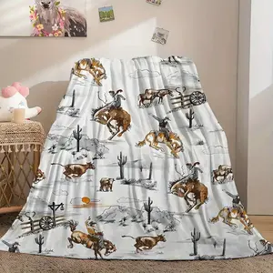 Western Cowboy Print Flannel Blanket - Soft All-Season Throw with Horse & Cactus Design for Sofa, Bed, Camping, Office - Cozy Home Decor Gift for Birthdays, Holidays, Cowboy Decor, Contemporary Style, Durable Comfort-280GSM