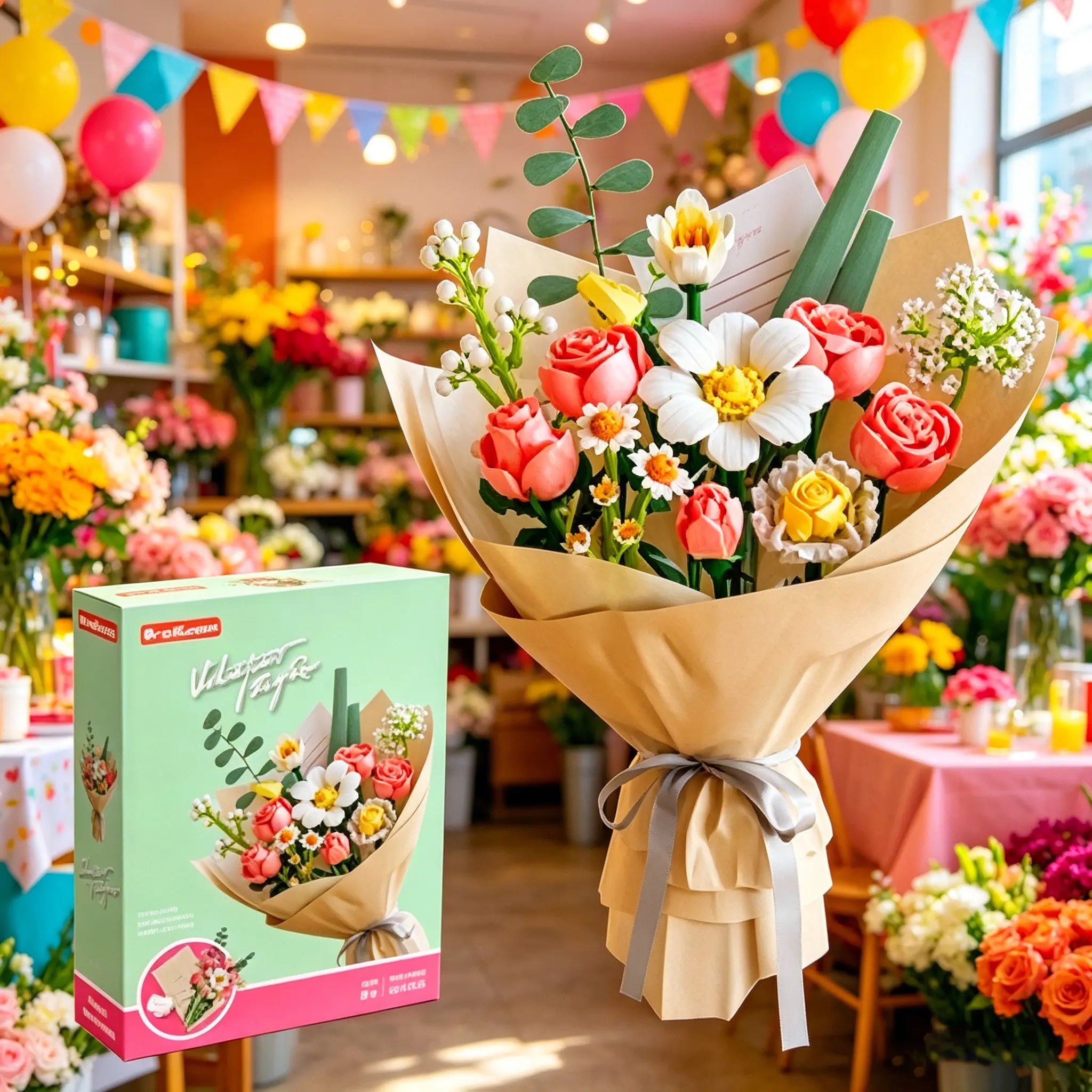 864pcs Building Blocks Flower Bouquet, Fake Flowers Bouquet, Artificial Flower, Creative Colorful DIY Puzzle Toy, Gift Set with Elegant Paper Packaging, Perfect for Christmas/valentine's Day