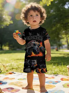 Cool and handsome monster truck all-over flame print short-sleeve set for infants and toddlers, casual kids' clothing, T-shirt suitable for daily and outdoor sports. 100% polyester, a perfect gift for infants and toddlers!