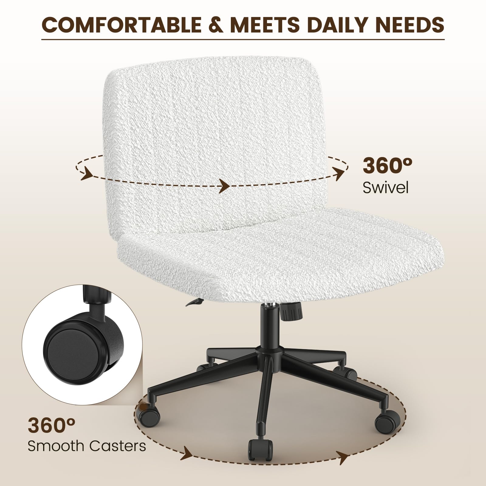 Boucle Criss Cross Armless Office Chair with Wheels offers ergonomic height adjustment and adjustable swivel for home use