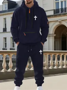 Men's Hooded Sweatshirt Set with Three Zippers, Knit Warm Thick Comfortable Casual Fitted Long Sleeve Pullover, Fall Winter Daily Wear