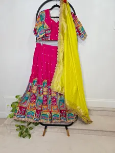 Royal Fuchsia Kalamkari Munga Crepe Silk Lehenga Set with Light Green Cutwork Dupatta