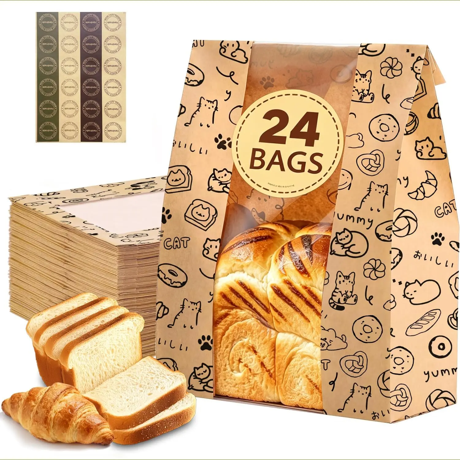 24 Pack Paper Bread Bags for Homemade Bread and Sourdough, 50% Thicker Large Kraft Loaf Bags with Clear Window for Bakery Packaging & Storage, Includes Sealing Stickers