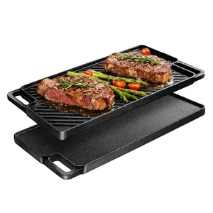 Reversible Cast Iron Grill/Griddle Pre-Seasoned Cooking Use on Stove, Grill, or Campfire pan Heavy-Duty, Home Korean BBQ Multi-Function Cooking skillet comal para tortillas Barbecue Utensils mexican kitchen cookware frying non-stick compatible tool
