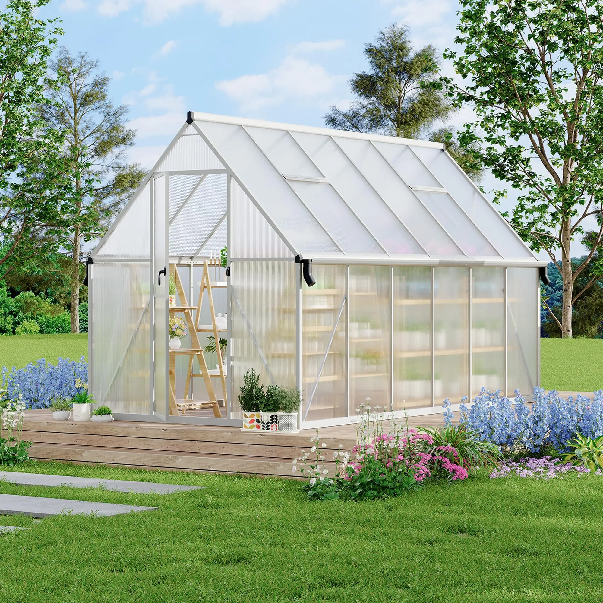 GARVEE Silver 8X14 ft Polycarbonate Greenhouse with Aluminum Frame,Polycarbonate Greenhouse for Outdoors,Greenhouses with Ventilation and Rain Gutter,Aluminum Large Walk-in Greenhouses for Outside