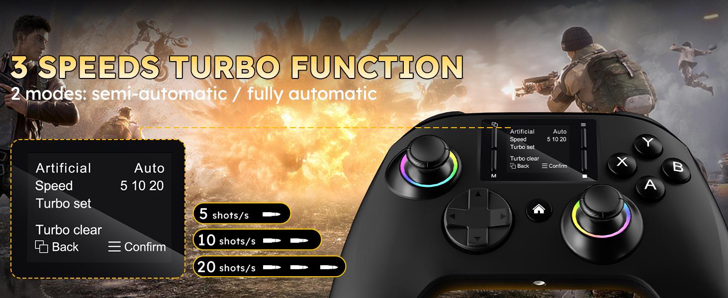 Interactive Screen Wireless Gaming Controller for PC/PS4/Switch/Android/iOS, Gamepad with Phone Clip for Gamers,4 Programmable/Turbo/6-axis Gyro/Dual Vibration/RGB Lighting/Wake-up/Wake-up/1000mAh
