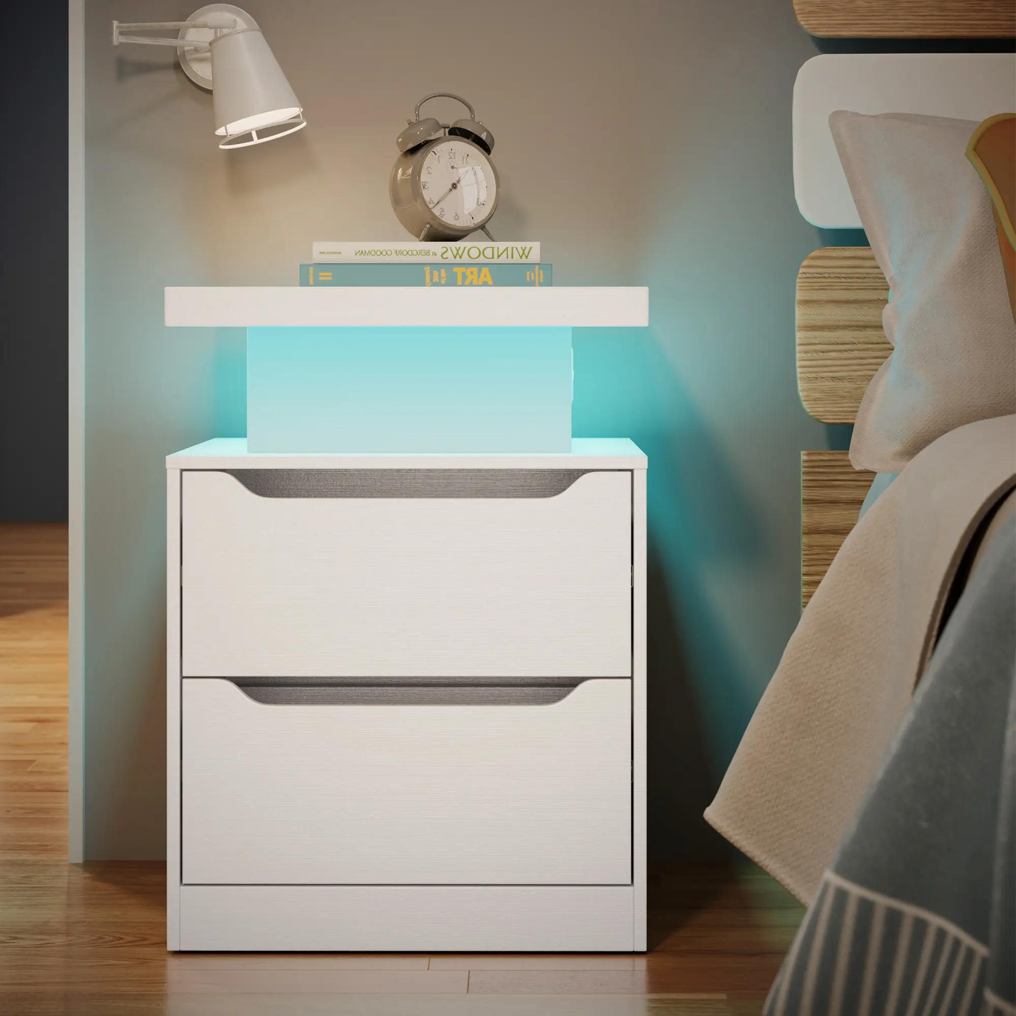 Gizoon Modern Wooden Bedroom Nightstand - Charging Station with USB Ports, 2 Drawers Tame Bedtime Clutter, RGB Smart App Lighting, App or Key Control, Clutter-Free Cords, Space-Saving Rectangle End Table