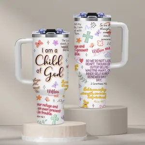 Christian Scripture Quotes, 40oz tumbler with handle, iced coffee cup, pastel faith cross design, Bible Verse Lover Gift, for office and travel, Summer, Travel Mug, Stainless Steel Vacuum Insulated Water Bottle, Tumbler Gift for Women and Men