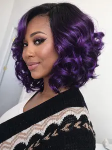 Women's Fashion Synthetic Wig, Black to Vibrant Purple Rooted Ombre Body Wave, Medium Short Wavy Curly Hair, Rose Net Headband, Heat Resistant Fiber, Synthetic Material Wigs