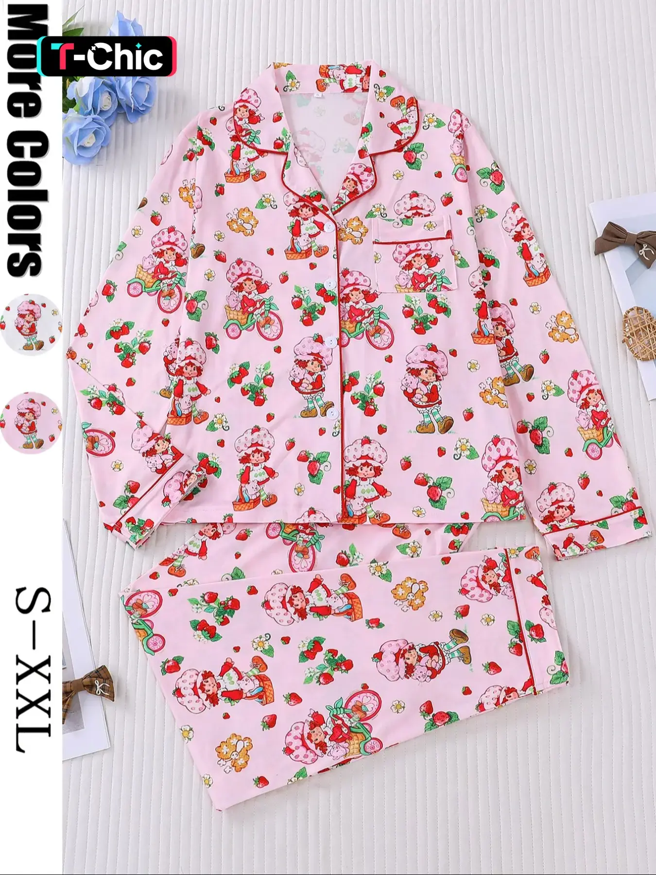 Women's Strawberry Print Sleepwear Set, Pajama Set, Long Sleeve Button-Up Top & Elastic Pants, Casual Home Wear, Party, Loungewear