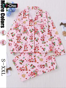Women's Cute Strawberry Pattern Print Sleepwear Set, Long-Sleeve Button-Up Top & Elastic-Waist Pants, Casual Fall Winter Pajamas Pjs, Comfortable Home Wear Loungewear
