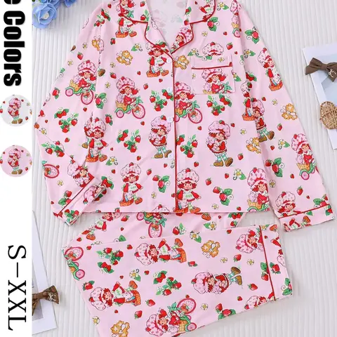 Women's Strawberry Print Sleepwear Set, Pajama Set, Pjs, Long Sleeve Button-Up Top & Elastic Pants, Casual Home Wear, Party, Loungewear, Soft