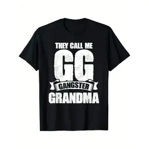1pc Black  They Call Me GG Gangster Grandma Graphic T-Shirt with Combed Design, Short Sleeve, Round Neck, Casual Fit for Women, Perfect Gift for Grandmothers, Humorous Apparel  Playful Graphic Tee  Fabric, Funny G