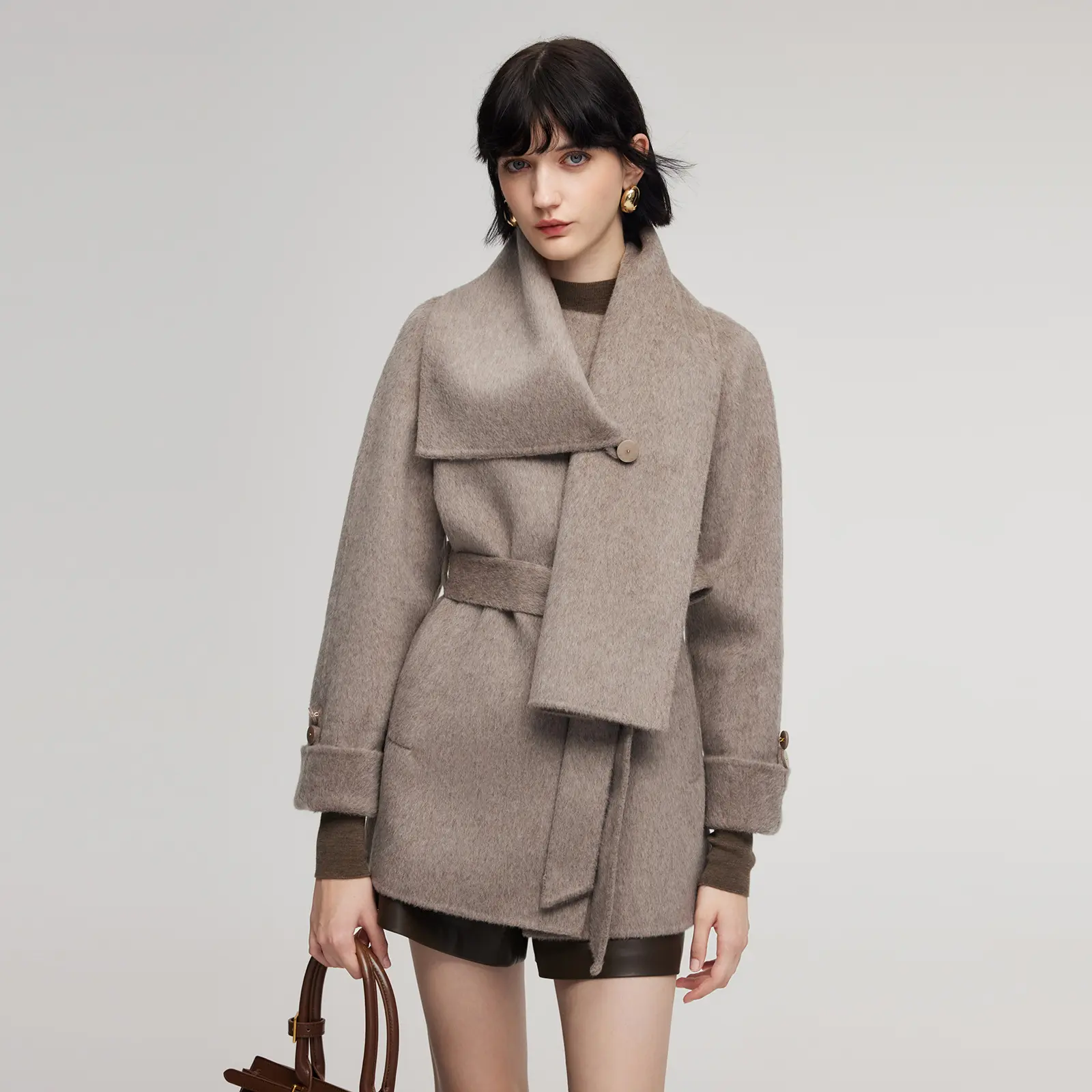 Alpaca Wool Blend Double-Faced Women Wrap Coat With Scarf