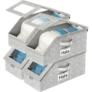 Hat Organizer for Baseball Caps, 4 Pack Stackable Hat Box for Closet/Shelf, Holds up to 56 Caps, Hats Box Holder for & Men, Foldable, Easy-Access, Clear Lid, Saving.