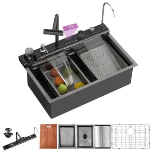 LORDEAR Drop-in Single Bowl Waterfall Kitchen Sink 16 Gauge Stainless Steel with Digital Display Honeycomb Finish Double Ledges Pull-out Faucet Multifunctional Accessories