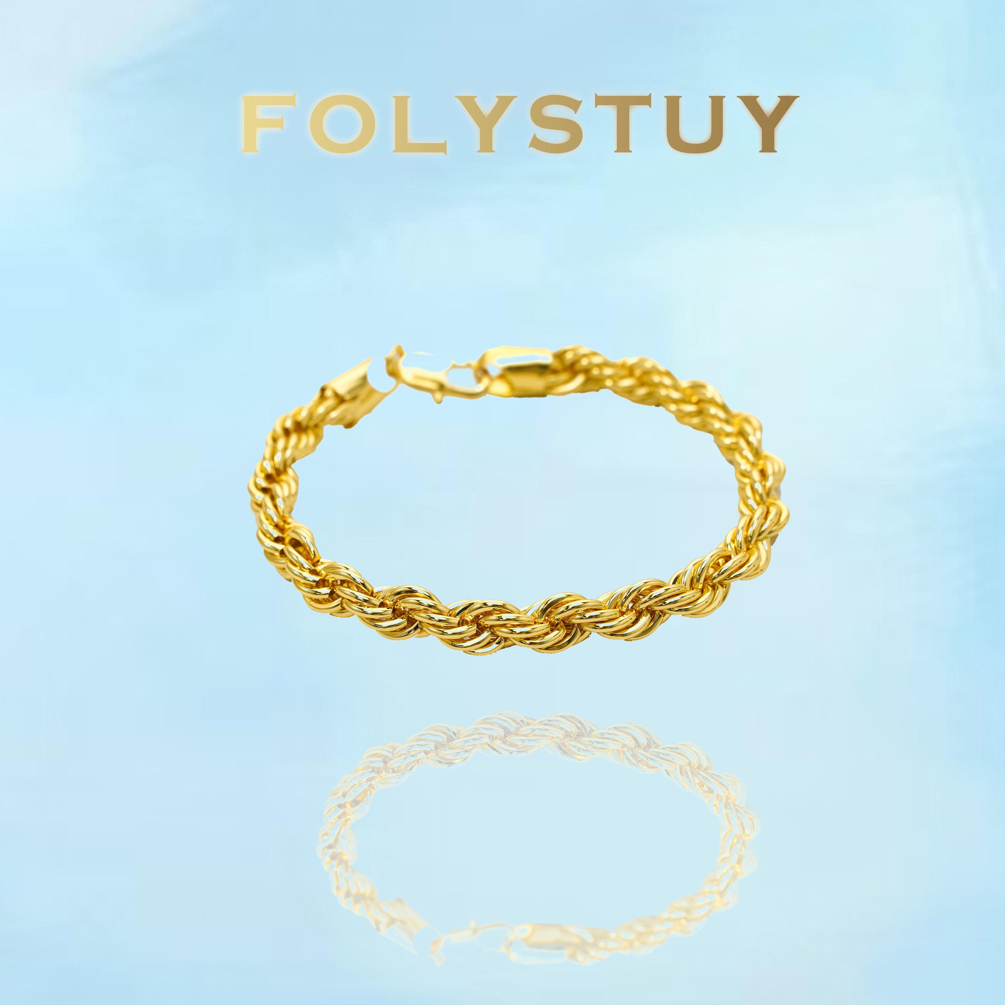 [FOLYSTUY (W164)]Mens Twisted Rope Chain Bracelet, 0.31" Width 9.06" Length, Sturdy Statement Wrist Bangle for Daily Wear & Street Style