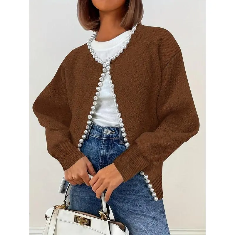 Women’s Pearl-Trimmed Knit Cardigan Sweater, Elegant Autumn–Winter ...