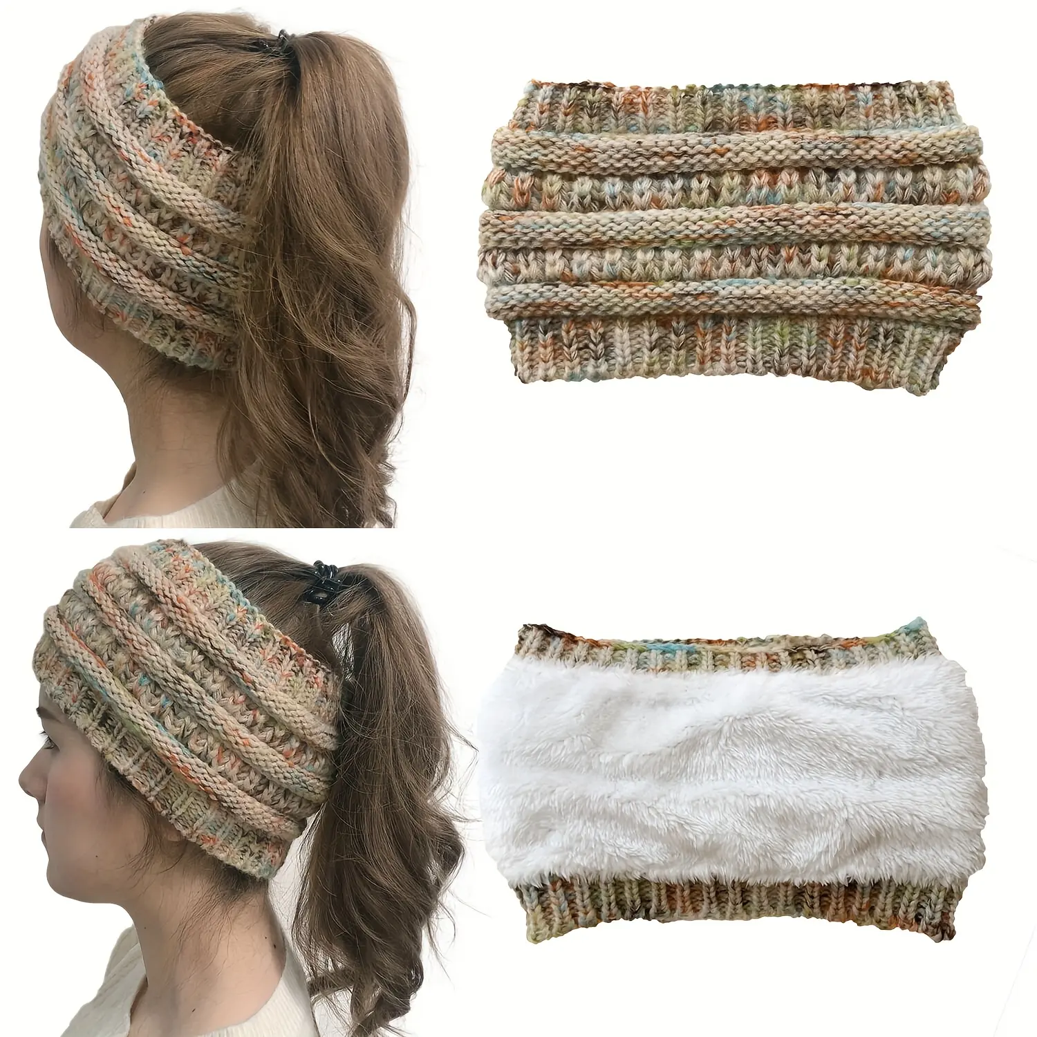 Women's Winter Crochet Look Headband & Ear Muffs - Thick Fleece-Lined Warmth, Stretchy Size, Multicolor Stripes (Red/Orange/Teal), Unisex Wear Fashion Accessory