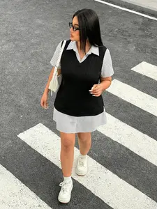 Plus Size Two-Piece Knit Vest Set, Striped Short Sleeve Shirt Dress, High Waist, College Style & Commuter Look, Casual Layered Design, Perfect for Daily Wear, Everyday Womenswear
