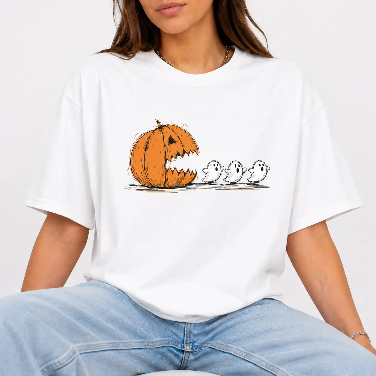Cute Spooky Pumpkin Pacman Chase T-Shirt for Women/Men (Unisex), Funny Halloween Video Game Nostalgia Gift Casual Cotton Short Sleeve Tee, Multi-Color