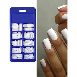 120pcs White Adhesive Nail Stickers, Short & Medium Length, Square Shape, Wearable, Full Coverage, Finger Decoration, Suitable For Office & Daily Wear, Nail Art Supplies Nails