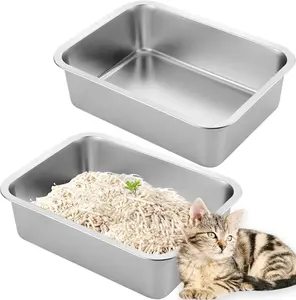 petwhole 2-Pack Stainless Steel Litter Box, High-Sided Non-Stick Metal Litter Pan, 17.5x13.5x4Inch Pet Toilet for Cats,summervibes
